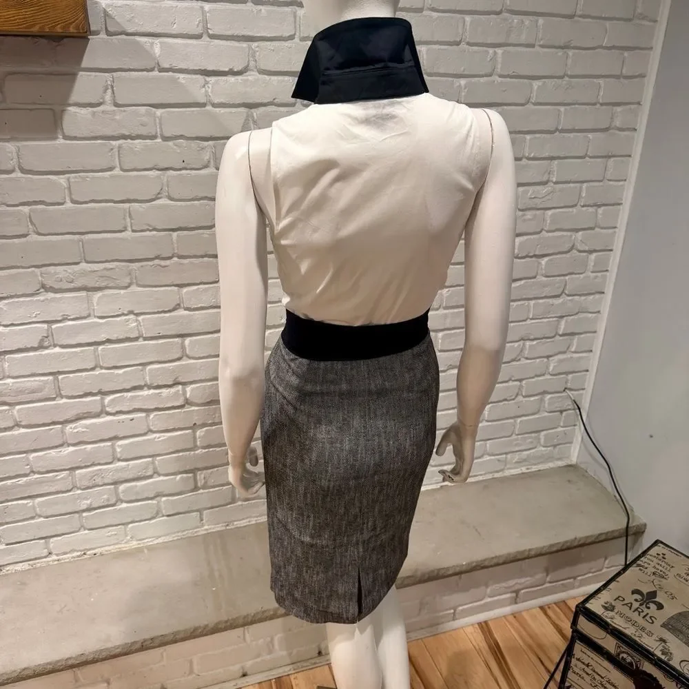 Black White Colorblock Sheath Dress Sleeveless Collared Pencil Dress Work Office